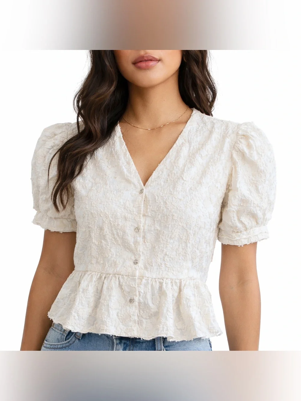 Textured Ivory Puff-Sleeve Peplum Button-Front Top